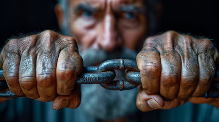An elderly man stretches a large metal chain with his hands. High quality photoの素材