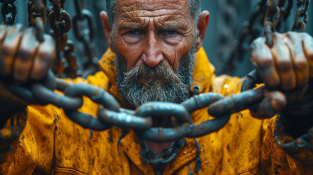 An elderly man stretches a large metal chain with his hands. High quality photoの素材