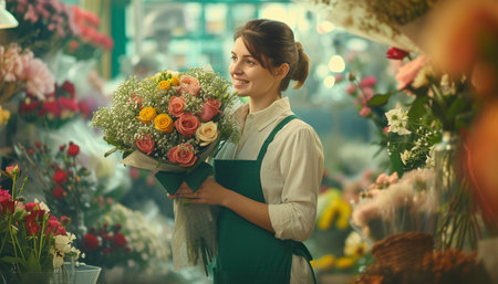 A florist girl holds a bouquet of flowers. High quality photoの素材