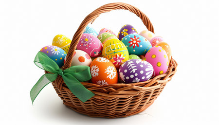 A basket with Easter tulips. A wonderful background for Easter. High quality photoの素材
