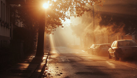 Colorful street photo of beautiful morning streets in the rays of the rising sun. High quality photoの素材