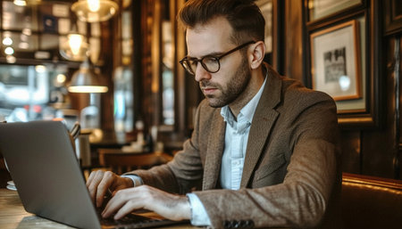 A man works for laptops in a cafe. Business environment. High quality photoの素材
