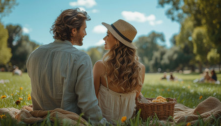 A couple in love on a picnic. High quality photoの素材
