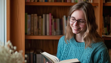 A smart girl is reading a book in the library. High quality photoの素材