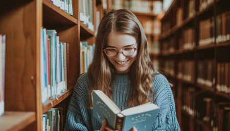 A smart girl is reading a book in the library. High quality photoの素材