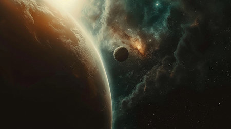 A distant and unexplored space. Star systems, planets and satellites. High quality illustrationの素材