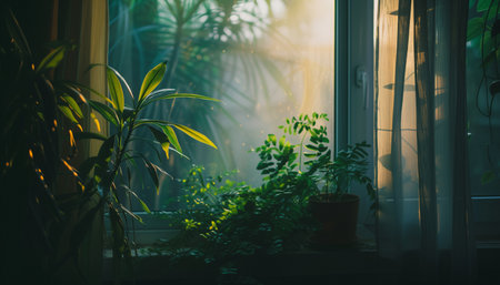 Beautiful colorful photo background with plants on the windowsill. High quality photoの素材