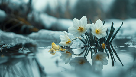 Colorful macro photo of beautiful spring flowers growing from under the snow. High quality photoの素材