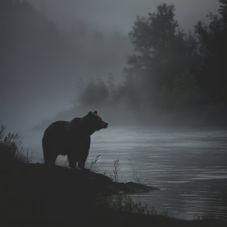 Gloomy photo of a bear on the river. High quality photoの素材