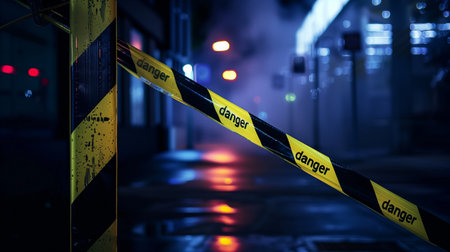 The police line. Warning tape on a dark blue background. Danger. The crime sceneの素材