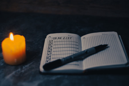 Darck photo of Notepad with a list of cases by candlelight. High quality photo