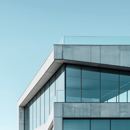 A modern apartment building with large windows and balconies, illuminated from within, set against the evening sky.の素材