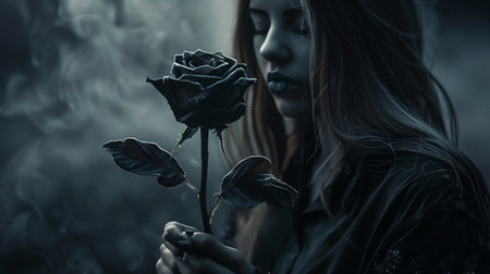A close-up of a woman holding a red rose covered in frost, with snowflakes gently falling around her, creating a poignant and serene winter scene.の素材