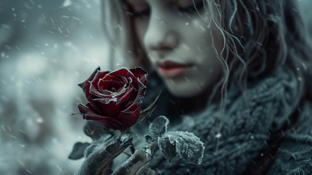 A close-up of a woman holding a red rose covered in frost, with snowflakes gently falling around her, creating a poignant and serene winter scene.の素材