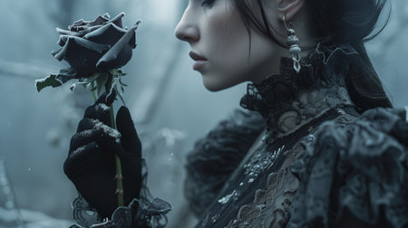 A close-up of a woman holding a red rose covered in frost, with snowflakes gently falling around her, creating a poignant and serene winter scene.の素材