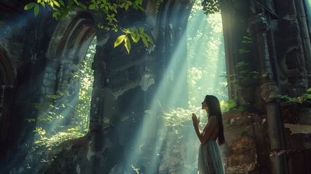 A woman in a flowing dress stands bathed in ethereal light by ancient ruins, evoking a mystical and serene atmosphere.の素材