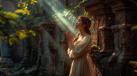 A woman in a flowing dress, standing and praying in a sunlit forest sanctuary, with beams of light filtering through the trees, creating a mystical and serene atmosphere.の素材