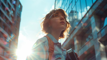 A woman with a backpack taking photographs of an urban cityscape, capturing the morning light reflecting off glass buildings, showing the essence of street photography.の素材