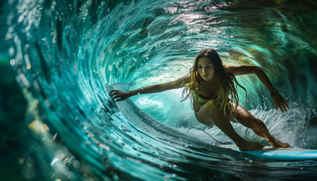 A woman skillfully rides a surfboard inside a massive, curling wave, showing her balance and athleticism.の素材