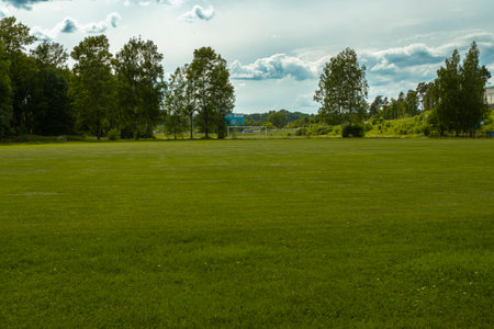 A soccer field surrounded by trees and greenery under a cloudy sky.の写真素材