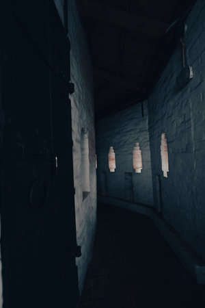 A dark, narrow corridor in an ancient building, featuring small, light-filled windows that cast a subtle glow on the white walls.の写真素材