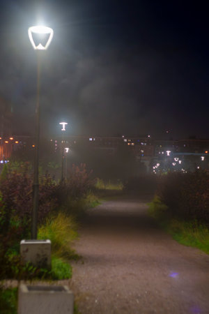 A misty nighttime scene featuring a pathway illuminated by streetlights. The fog adds a mysterious...