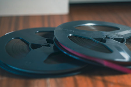 Close-up of vintage reel-to-reel tape recorder with audio tapes on a wooden table, evoking nostalgia...