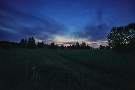 A beautiful twilight sky with shades of blue and purple over a rural landscape, silhouetting trees and fields as the sun sets on the horizon.の写真素材