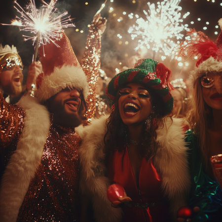 A joyful group of friends dressed in festive attire celebrates at night, surrounded by fireworks and sparkling lights, capturing the excitement and energy of a party.の素材