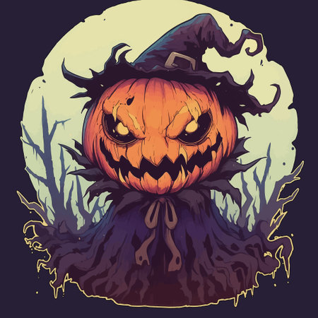 Sinister scarecrow with pumpkin head and glowing eyes Halloween vector illustration.This vector Sticker depicts a sinister Halloween-themed scarecrow with a jack-o-lantern head.のイラスト素材