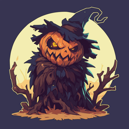 Sinister scarecrow with pumpkin head and glowing eyes Halloween vector illustration.This vector Sticker depicts a sinister Halloween-themed scarecrow with a jack-o-lantern head.のイラスト素材