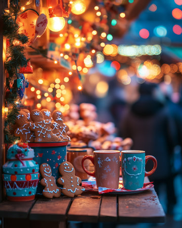 A cozy scene featuring festive mugs of hot chocolate topped with whipped cream, surrounded by gingerbread cookies. The warm lights and holiday decorations create a cheerful Christmas market atmosphere.の素材