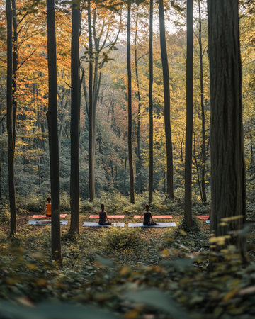 A serene scene of a group of people meditating in a forest during an autumn sunset. The golden light filtering through the trees and fallen leaves creates a peaceful, nature-focused atmosphere.の素材