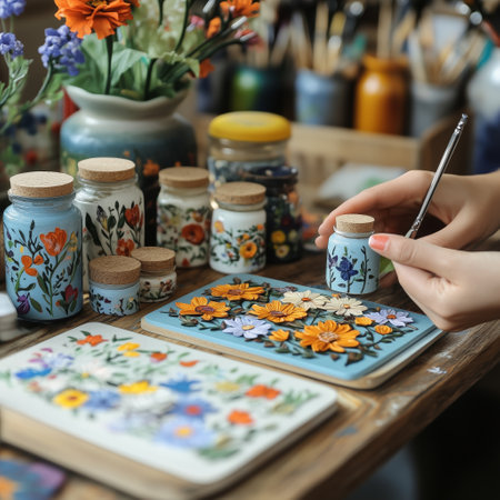 A female artist stands at her workbench in a cozy studio filled with botanical illustrations and art supplies. The vibrant workspace is filled with inspiration, plantsの素材