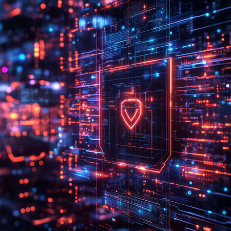 A glowing red shield icon with a Wi-Fi lock symbol hovers over a futuristic digital cityscape. The image represents cybersecurity, data protection, and network security in a high-tech environment.の素材