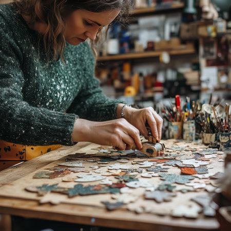 A female artist stands at her workbench in a cozy studio filled with botanical illustrations and art supplies. The vibrant workspace is filled with inspiration, plantsの素材
