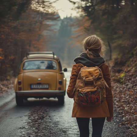 A woman with a backpack walks along a winding rural road in an autumn landscape. She is next to a vintage car parked on the side of the road, with mountains and trees in the background.の素材