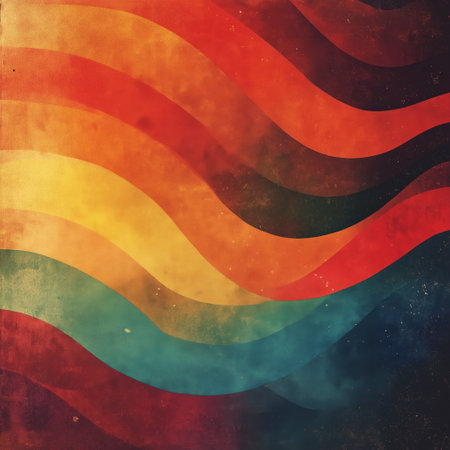 A vintage-inspired abstract design featuring diagonal stripes in vibrant gradient colors of blue, red, and yellowの素材