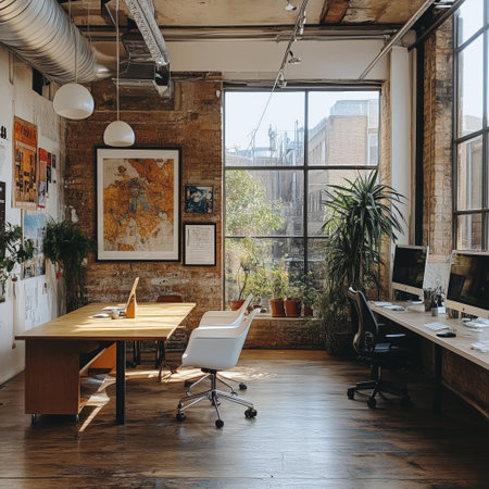 A stylish industrial office with exposed brick walls, high ceilings, and large windows. The space features wooden desks, indoor plants, and modern lightingの素材