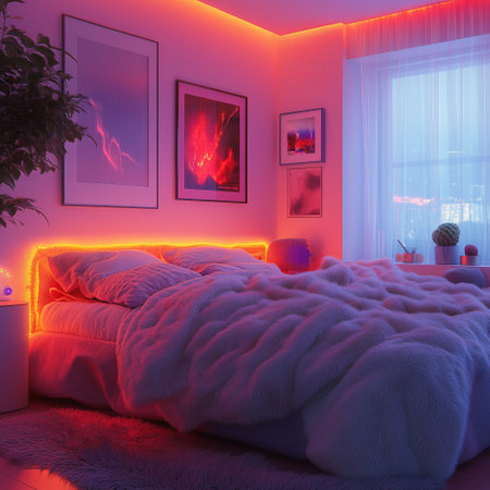 A modern bedroom featuring soft bedding, vibrant neon lights around the headboard, and minimalist decor. Neon glow, creating a warm and cozy atmosphere, with framed artwork and a large window.の素材