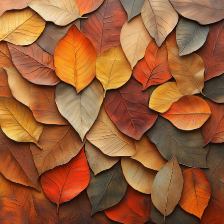 A collection of autumn leaves and walnuts scattered on a rustic, weathered wooden surface. The warm tones of the leaves and nuts contrast with the cool, textured woodの素材
