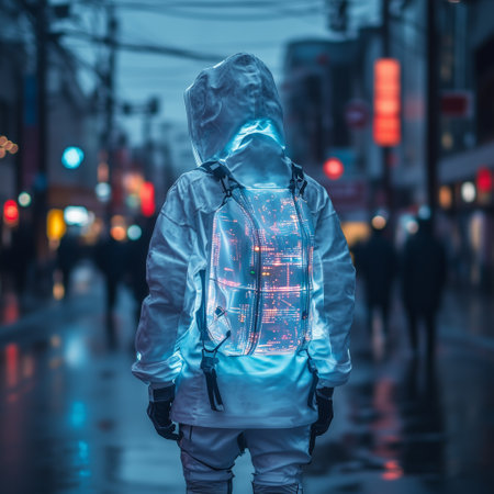 A person wearing a glowing, futuristic suit stands on a busy city street at night, surrounded by neon lights and urban energy, creating a sci-fi and cyberpunk atmosphere.の素材