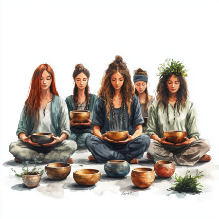 A tranquil scene of three women sitting in meditation, holding candles, surrounded by glowing lanterns and lush greenery, creating a serene and calming atmosphere.の素材