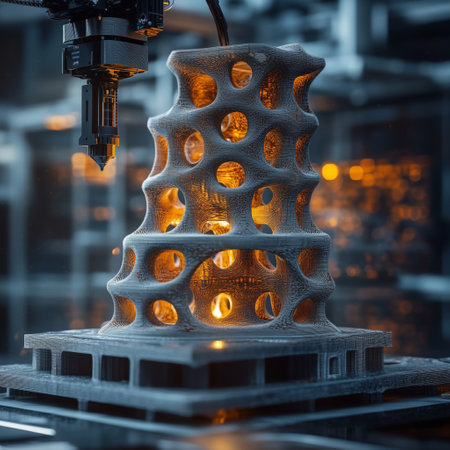 A 3D printer in action, crafting a detailed and futuristic architectural model with complex shapes and glowing light, symbolizing innovation in design and technology.の素材