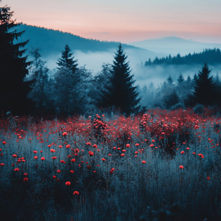 A misty mountain scene with red flowers in the foreground and evergreen trees. The soft light and fog create a tranquil and mysterious atmosphere in nature.の素材
