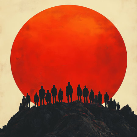 A dramatic scene of silhouetted figures walking toward a massive red sun on the horizon, evoking themes of journey, mystery, and the power of nature.の素材