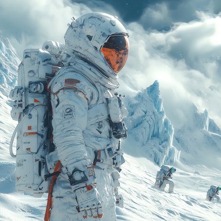 A futuristic astronaut stands in a snowy, mountainous landscape, wearing advanced space gear, as they explore an icy, alien environment under a cloudy sky.の素材