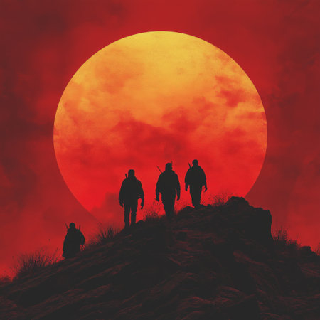 A dramatic scene of silhouetted figures walking toward a massive red sun on the horizon, evoking themes of journey, mystery, and the power of nature.の素材