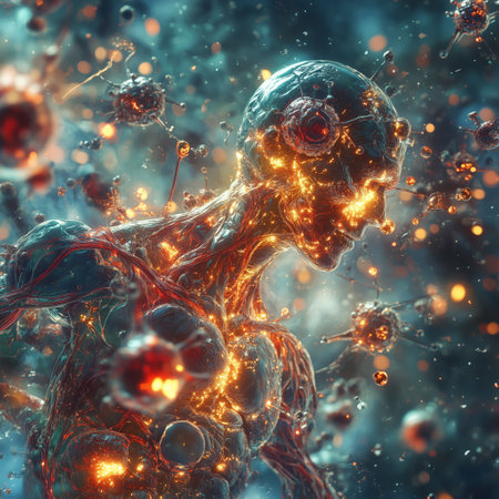 A detailed, glowing biomechanical figure in a futuristic environment, blending human anatomy with mechanical structures and energy, symbolizing the fusion of biology and technologyの素材