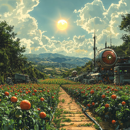 A futuristic robot stands in a peaceful rural landscape at sunset, blending advanced technology with nature, symbolizing the harmony between innovation and the natural world.の素材